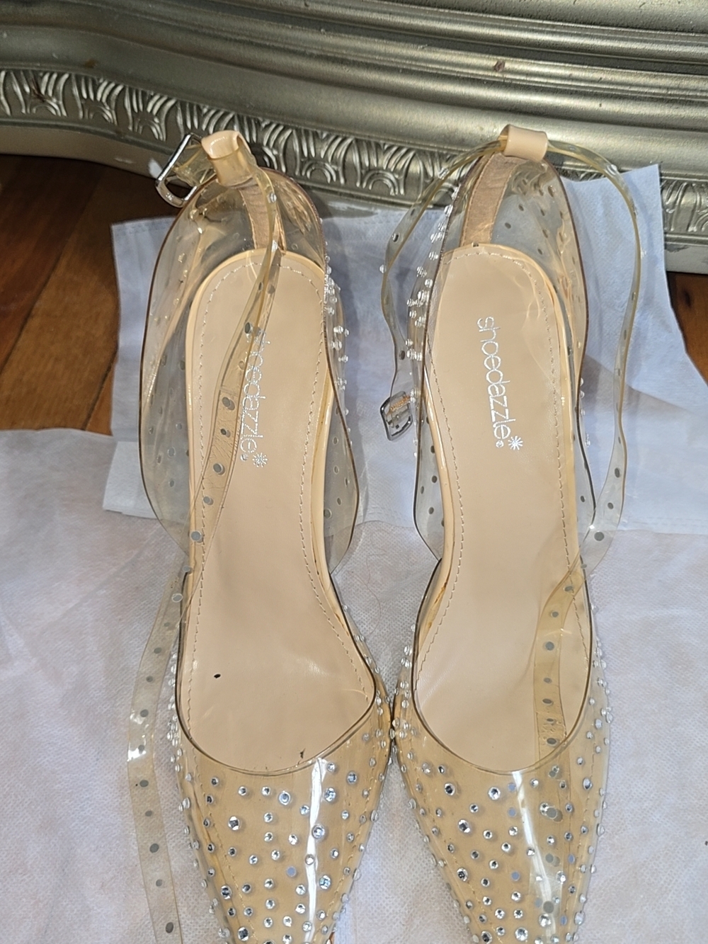 Shoe Dazzle Clear Pointed Toe Heels with Nude Insole and Rhinestones